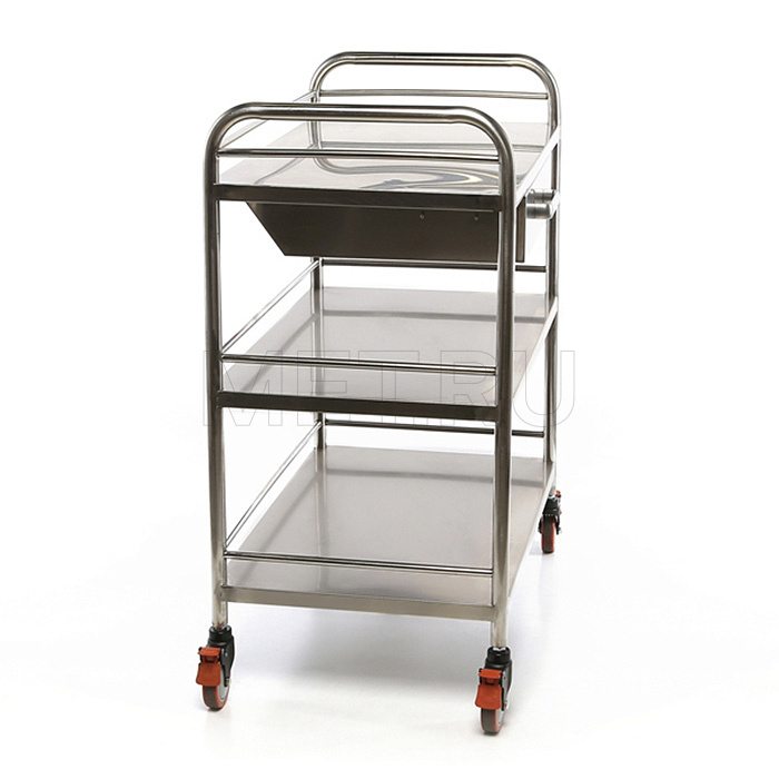 МЕТ BLQ 013 Столик манипуляционный медицинский из нерж.стали с тремя полками и выдвижным ящиком МЕТ