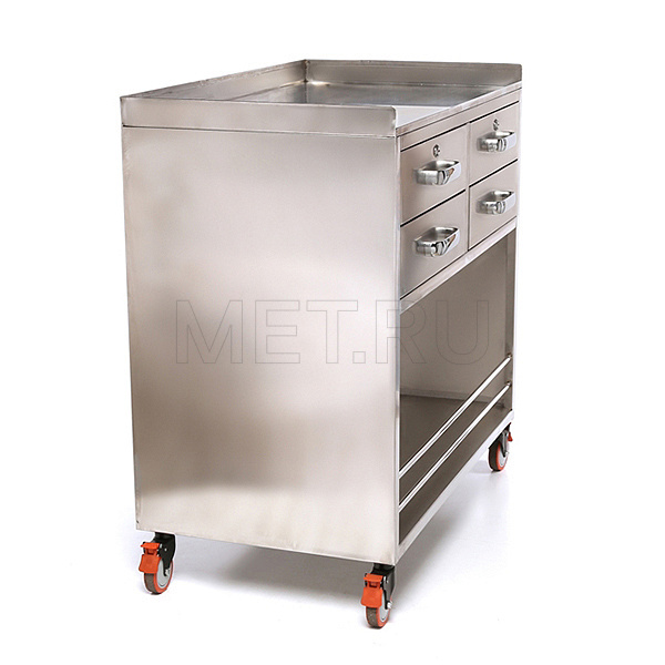 МЕТ BLQ 013 Стол анестезиолога с четырьмя ящиками и нишей, столешница закаленное стекло MET