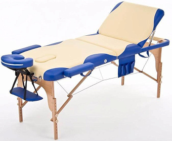 Складной массажный стол трёхсекционный деревянный, бежево-синий
