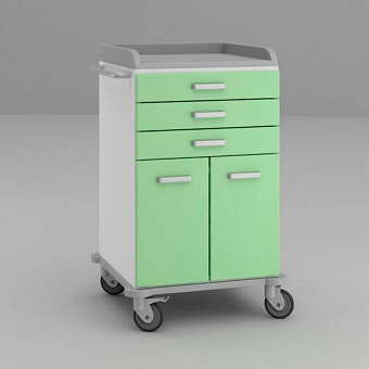 Стол анестезиолога с тремя малыми выдвижными ящиками и отделением с полкой, закрытым распашными дверцами