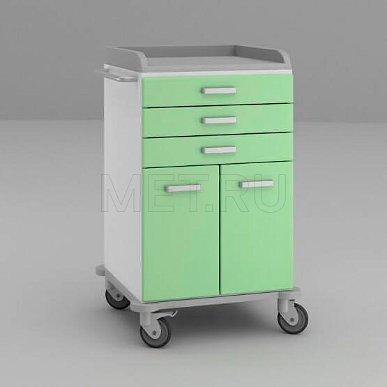 ТММ-0108 Стол анестезиолога с тремя малыми выдвижными ящиками и отделением с полкой, закрытым распашными дверцами от производителя