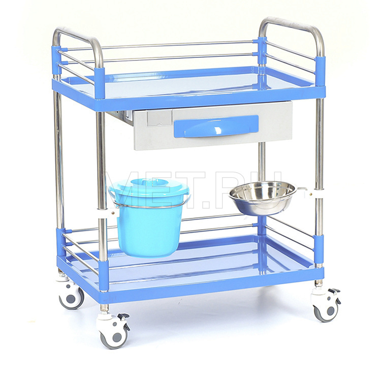 МЕТ SIY-140 Стол манипуляционный медицинский с двумя полками, тазом и ведерком на кронштейнах МЕТ