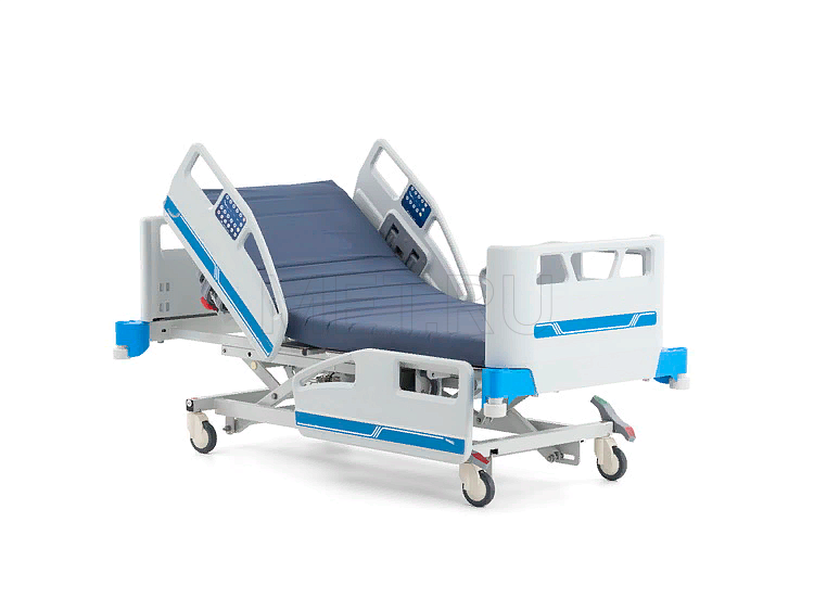 Реанимационная кровать A8 с поднятым изголовьем - положение Фаулера на минимальной высоте ложа A8 Приводы LINAK Функциональная кровать реанимационного класса с электрическим подъёмным механизмом рычажного типа. от производителя