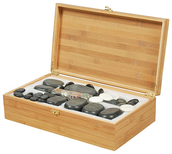 Набор массажных камней из базальта в коробке из бамбука (60 шт.)