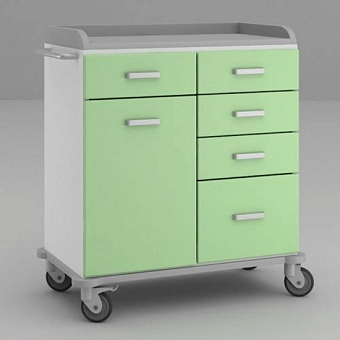 Широкий стол анестезиолога с пятью выдвижными ящиками и отделением за глухой дверцей