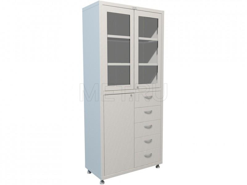Эконом2 1780 R-5 (80*40*175) Металлический шкаф с двухстворчатой витриной,  отделением за глухой дверью и пятью выдвижными ящиками от производителя