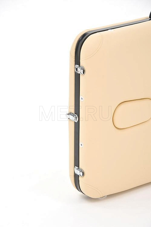 Торец сложенного стола-чемодана JFST02 Раскладной трёхсекционный массажный стол на стальном каркасе, бежевый МЕТ